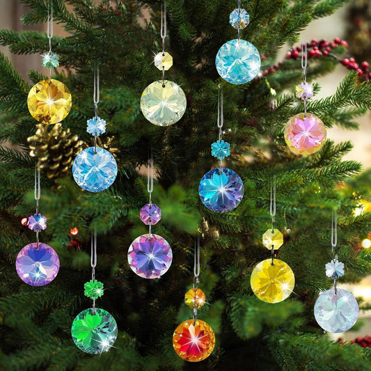 12pcs Small Christmas Crystal Ornaments for Mini Tree Decorations, 1.18″ Mini Colorful Glass Crystal Prism Ornaments for Chandeliers Sun Catchers Wedding Holiday Party Home Decor Iridescent