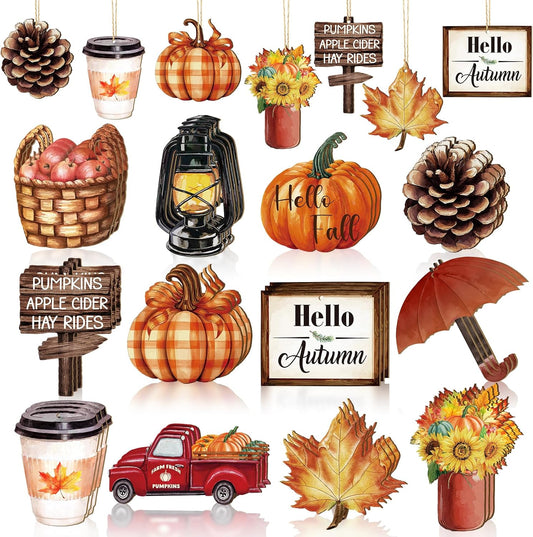 36PCS Wooden Fall Ornaments for Tree Thanksgiving Decorations,12 Styles Harvest Ornament Vintage Pumpkin Maple Leaf Cutouts for Crafts Hanging Autumn Decorations, Coffee Mug Gift Tags Hello Fall Truck