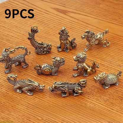 9-Piece Brass Metal Dragon 9 Sons Unisex Collectible Figure Ornament Set, Retro Decorative Piece with Exquisite Detail, Home Decor Sculptures, No-Power Static Display for Home/Office Gifting