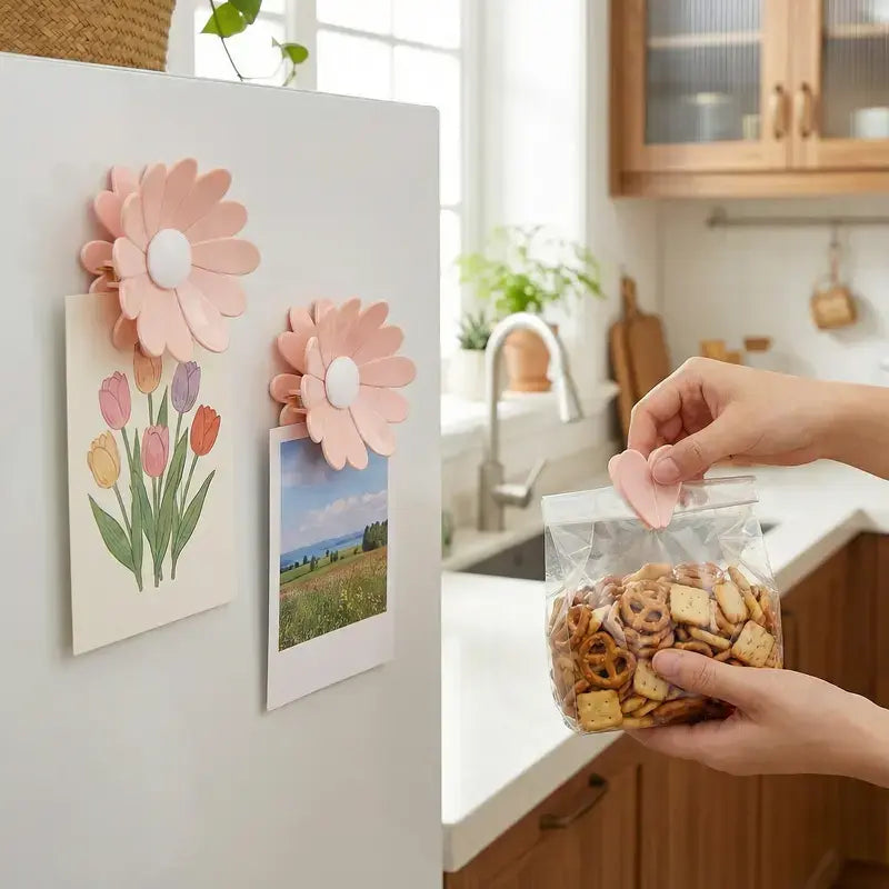Pink Cherry Blossom Flower Magnetic Hanging Bag Clip Set - Heart Shape Fridge Sealing Clip, Home Supplies for Snack/Bread Storage, Kitchen Decor & Refrigerator Organizer Gift,sohochic