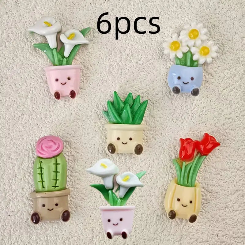 6 Potted Flower Refrigerator Magnets, Cute Smiling Plant Decor for Kitchen, Office, Whiteboard, Storage Cabinet, Dishwasher, Perfect Gift, Decorative, Fridge Magnets Cute