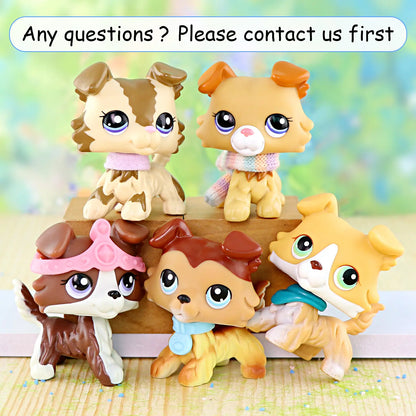 5 Pcs Tan PVC Plastic Mini Collie Dog Figurines Set - Cartoon Fluffy Puppy Miniature Models with Pink Tiara, Bandana, Knit Scarf, Collar Accessories, Painted Props, Animal Collectibles, Girls' Pretend Play Gift, Ornaments, Collectible Ornament