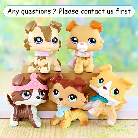 5 Pcs Tan PVC Plastic Mini Collie Dog Figurines Set - Cartoon Fluffy Puppy Miniature Models with Pink Tiara, Bandana, Knit Scarf, Collar Accessories, Painted Props, Animal Collectibles, Girls' Pretend Play Gift, Ornaments, Collectible Ornament