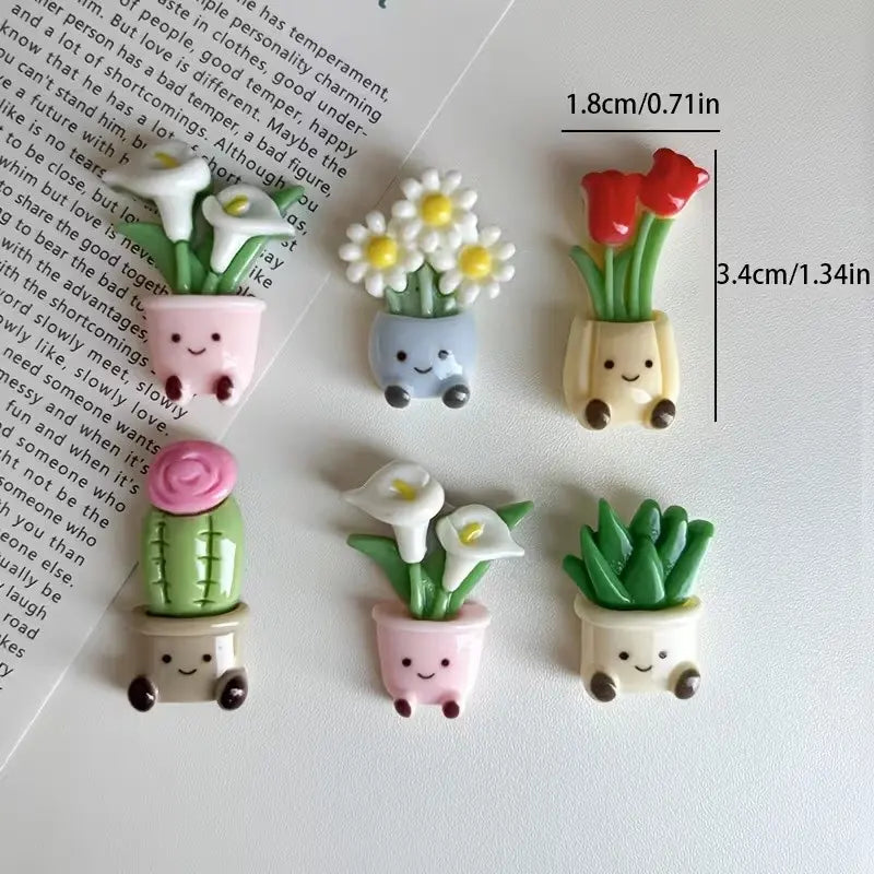 6 Potted Flower Refrigerator Magnets, Cute Smiling Plant Decor for Kitchen, Office, Whiteboard, Storage Cabinet, Dishwasher, Perfect Gift, Decorative, Fridge Magnets Cute