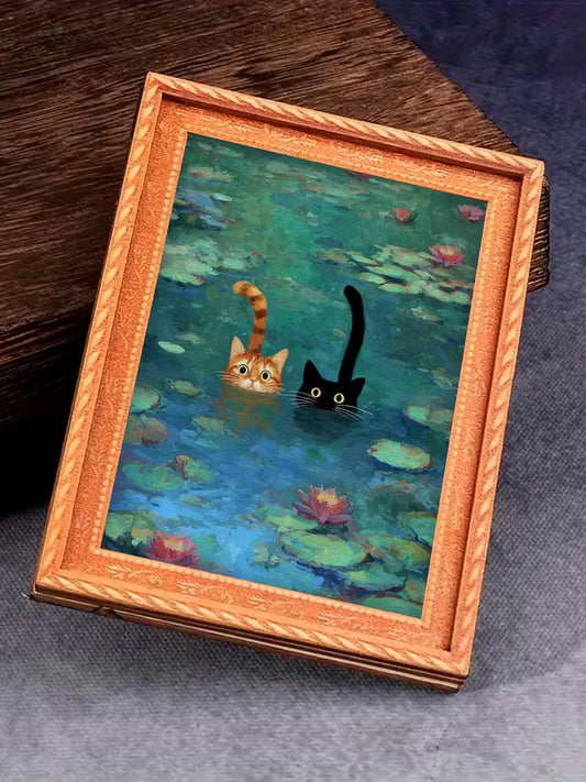 1pc Whimsical Water Lilies Funny Cat, Kitty Refrigerator Magnets - Monet Inspired Art, Black Cat and Orange Cat Design, Durable Wooden Material, Refrigerator Art, Perfect for Home & Office Decor, Holiday Gifts, Funny Fridge Magnets, and Kitchen Accessori