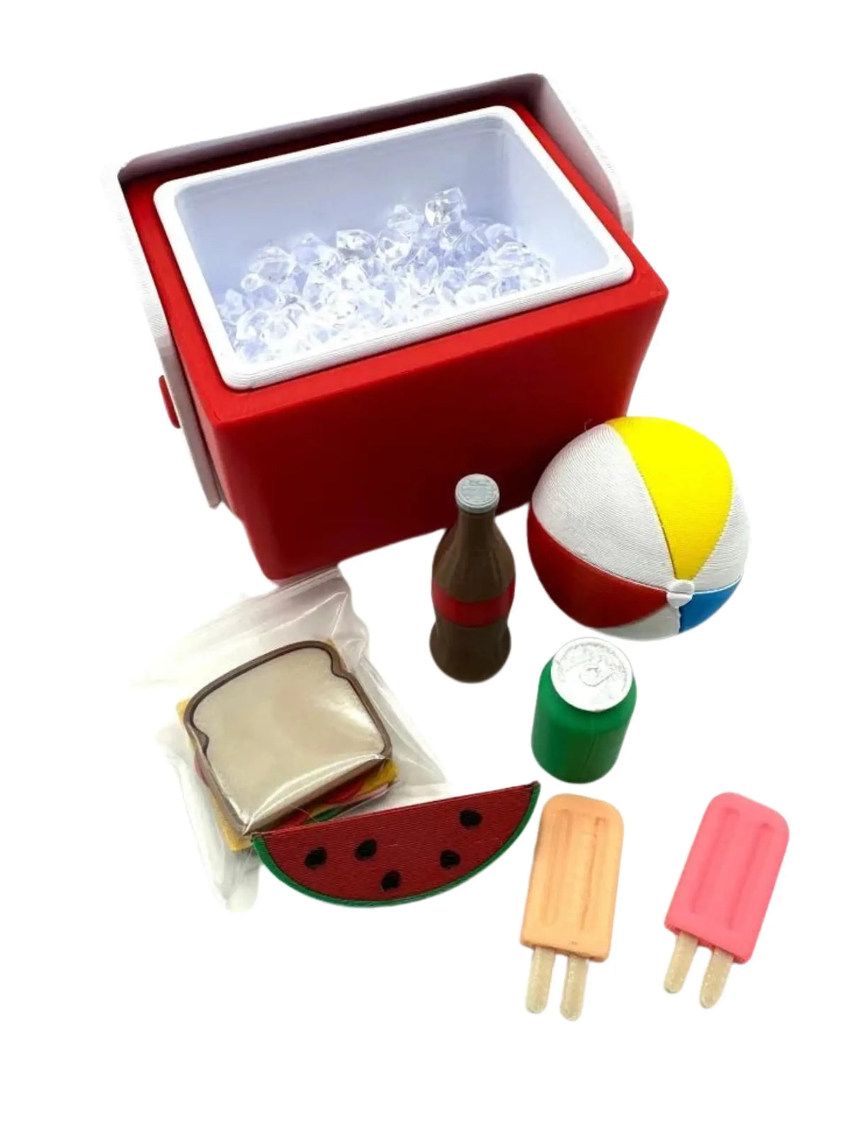 Mini 3D Printed Cooler 6 Color Options w/ Ice, Popsicles, Sandwich, Sodas, Drinks, Watermelon, Beach Ball- Miniature Spring Summer Miniverse, Desktop Decor Gifts