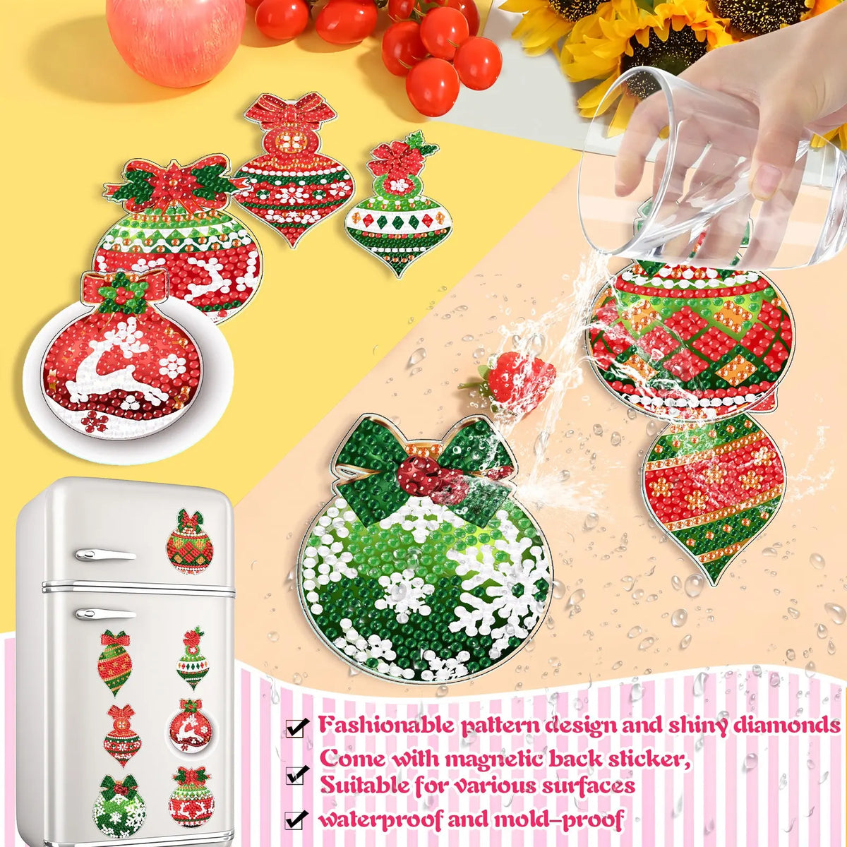 20-piece set of 5D diamond art magnetic ornaments, DIY Christmas diamond painting refrigerator magnets, diy fridge magnets, with free magnetic backing, handmade art decorative stickers, and a free tool kit. Suitable for adult craft enthusiasts.