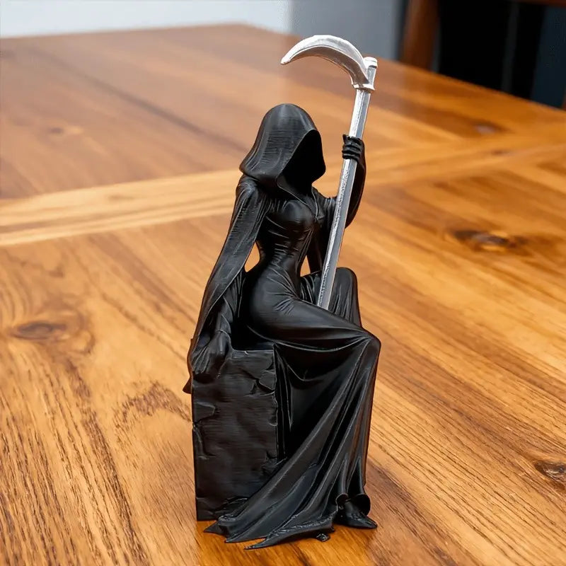 Dark Gothic Decorative Sculpture, Dark Figure Decor, Female Reaper Holding Scythe, Mystical Art Piece for Desktop Display, Unique Dark Atmosphere Ornament, Decoration Figure