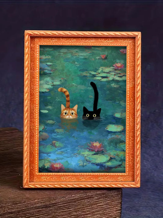 1pc Whimsical Water Lilies Funny Cat, Kitty Refrigerator Magnets - Monet Inspired Art, Black Cat and Orange Cat Design, Durable Wooden Material, Refrigerator Art, Perfect for Home & Office Decor, Holiday Gifts, Funny Fridge Magnets, and Kitchen Accessori