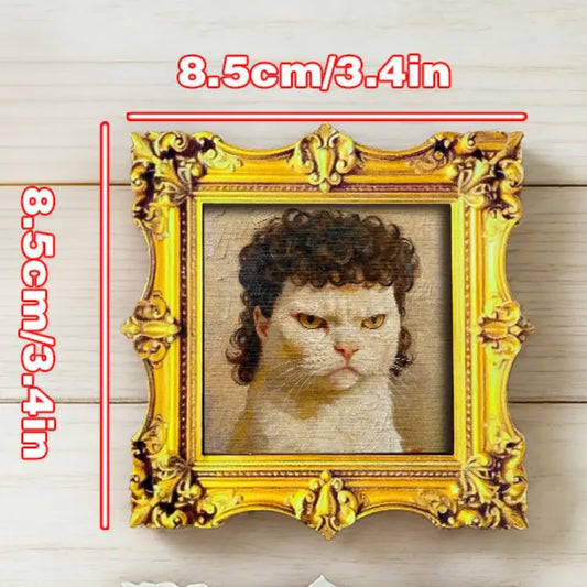 1Pc Wooden Framed Cat Fridge Magnet, Square Wood Frame with Realistic Oil Painting, Curly Haired Serious Cat Decor, Refrigerator Door Ornament, Holiday Gift for Cat Lovers, Refrigerator Magnets