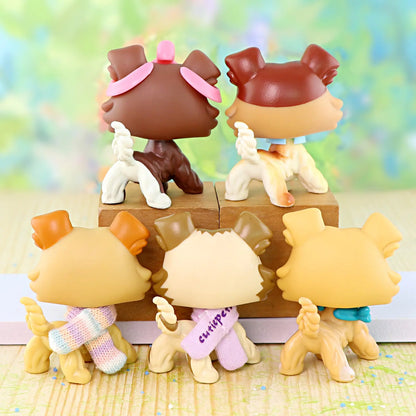 5 Pcs Tan PVC Plastic Mini Collie Dog Figurines Set - Cartoon Fluffy Puppy Miniature Models with Pink Tiara, Bandana, Knit Scarf, Collar Accessories, Painted Props, Animal Collectibles, Girls' Pretend Play Gift, Ornaments, Collectible Ornament