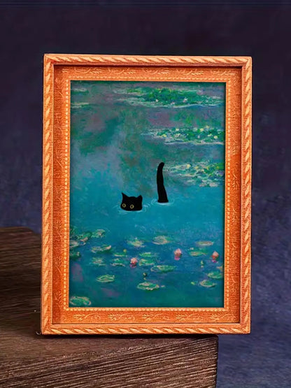 1pc Whimsical Water Lilies Funny Cat, Kitty Refrigerator Magnets - Monet Inspired Art, Black Cat and Orange Cat Design, Durable Wooden Material, Refrigerator Art, Perfect for Home & Office Decor, Holiday Gifts, Funny Fridge Magnets, and Kitchen Accessori